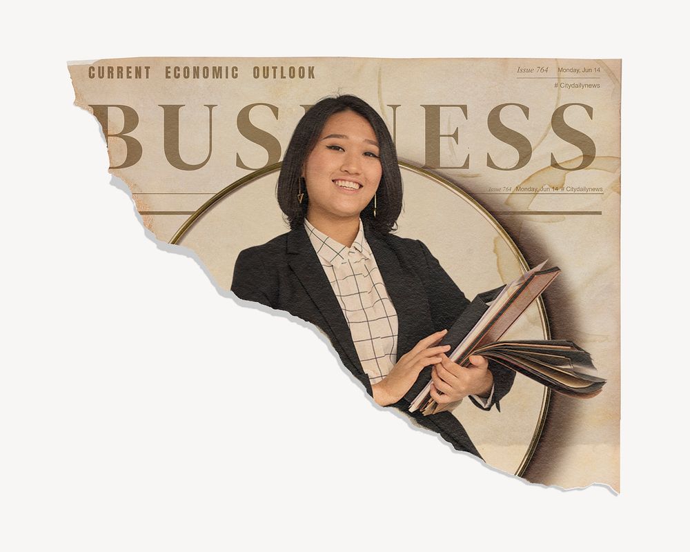 Female economist ripped vintage newspaper, financial business headline