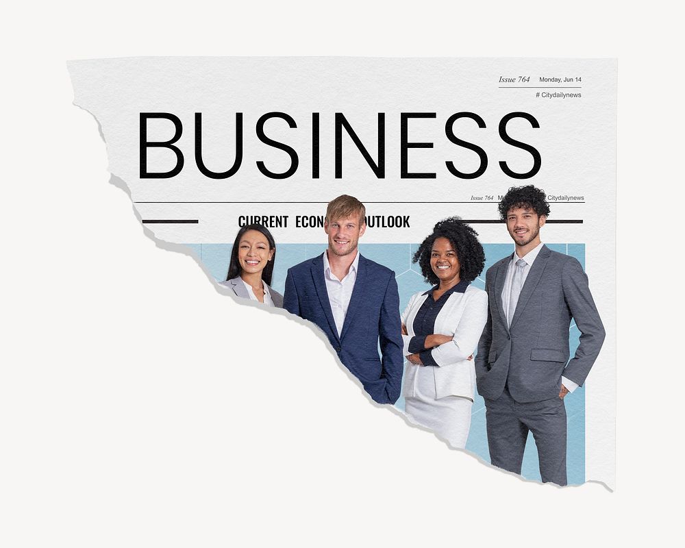 Diverse startup company ripped newspaper, business article headline