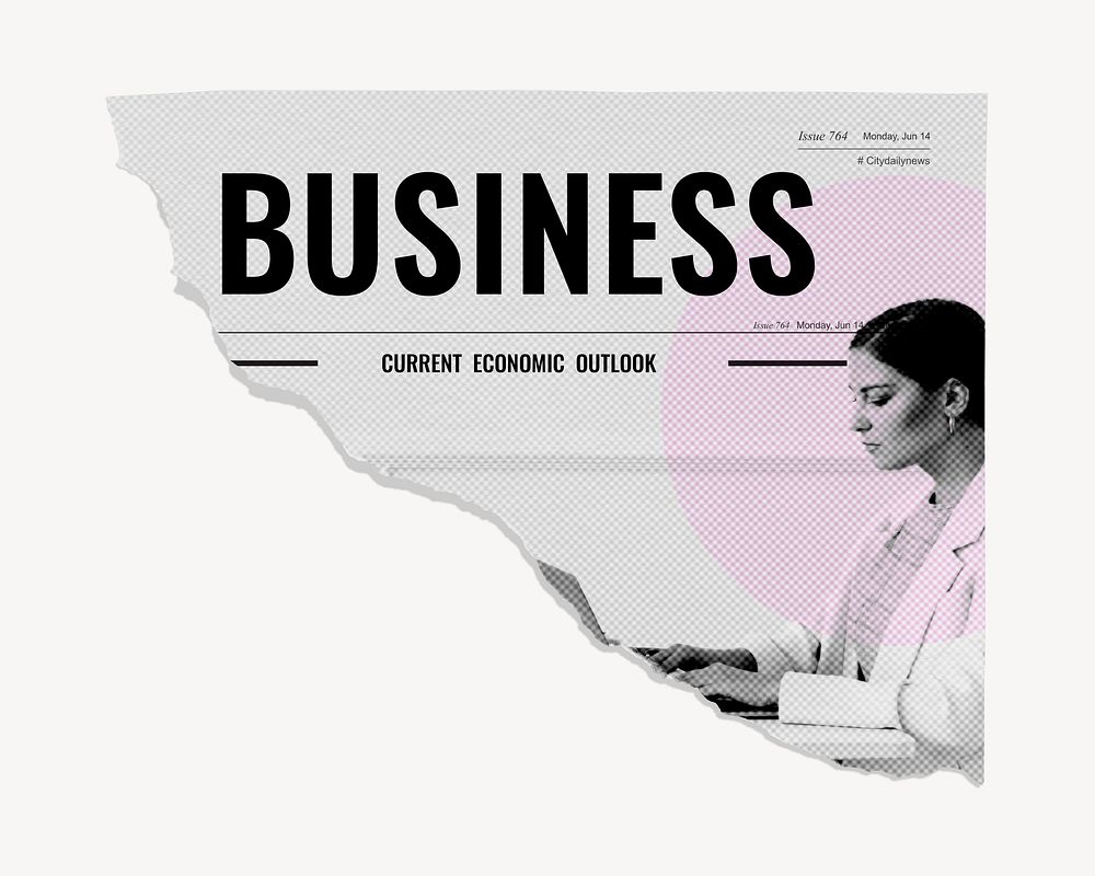 Businesswoman typing on laptop ripped newspaper, business headline