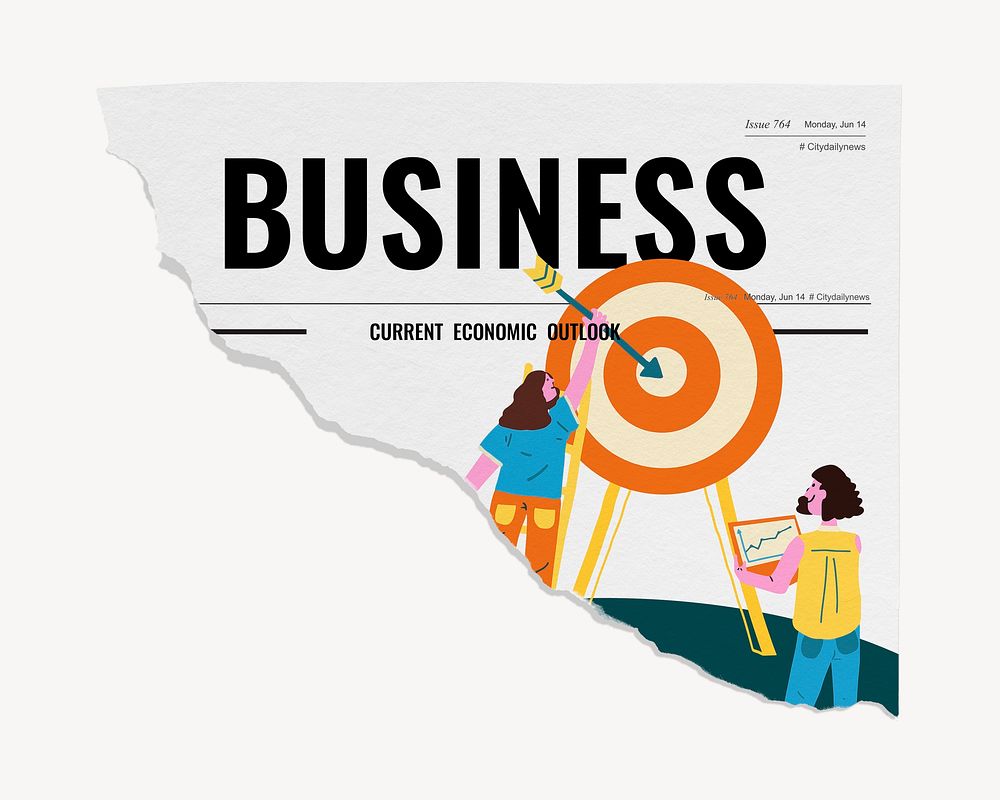 People reaching target ripped newspaper, business marketing illustration