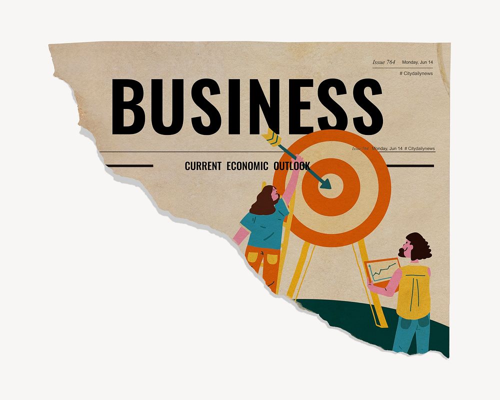 People reaching target vintage ripped newspaper, business marketing illustration