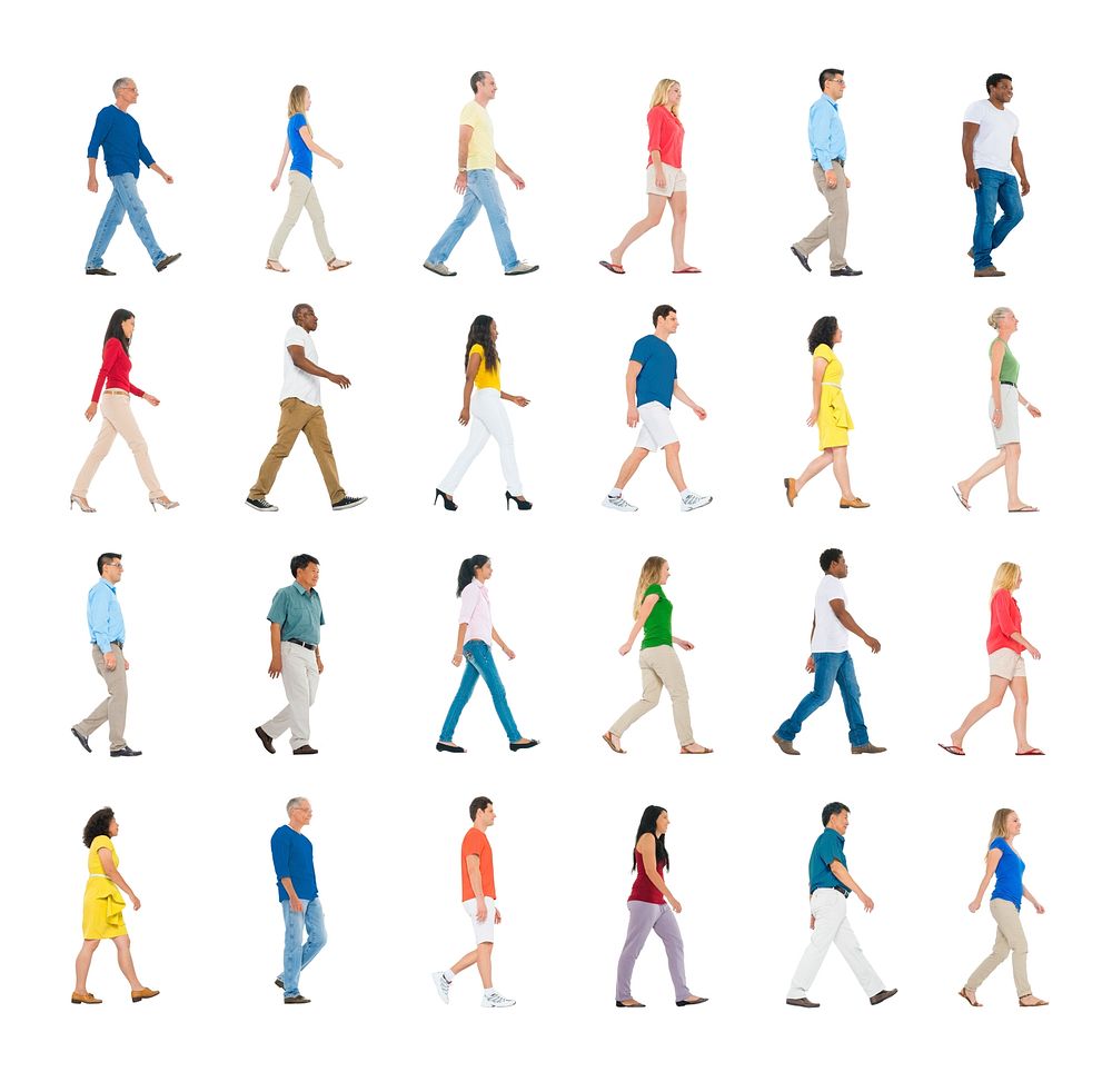 Set of diverse people walking