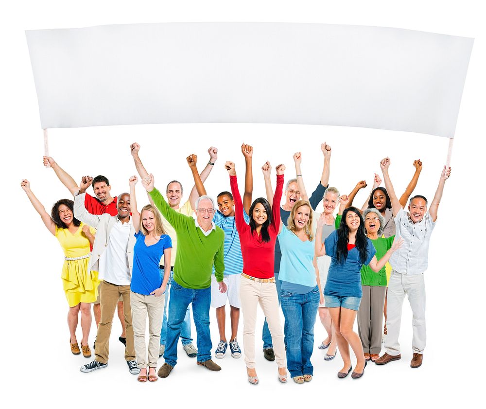 Multi-Ethnic Group Of Casual People With Their Arms Raised And Holding Empty Banner For A Copy Space.