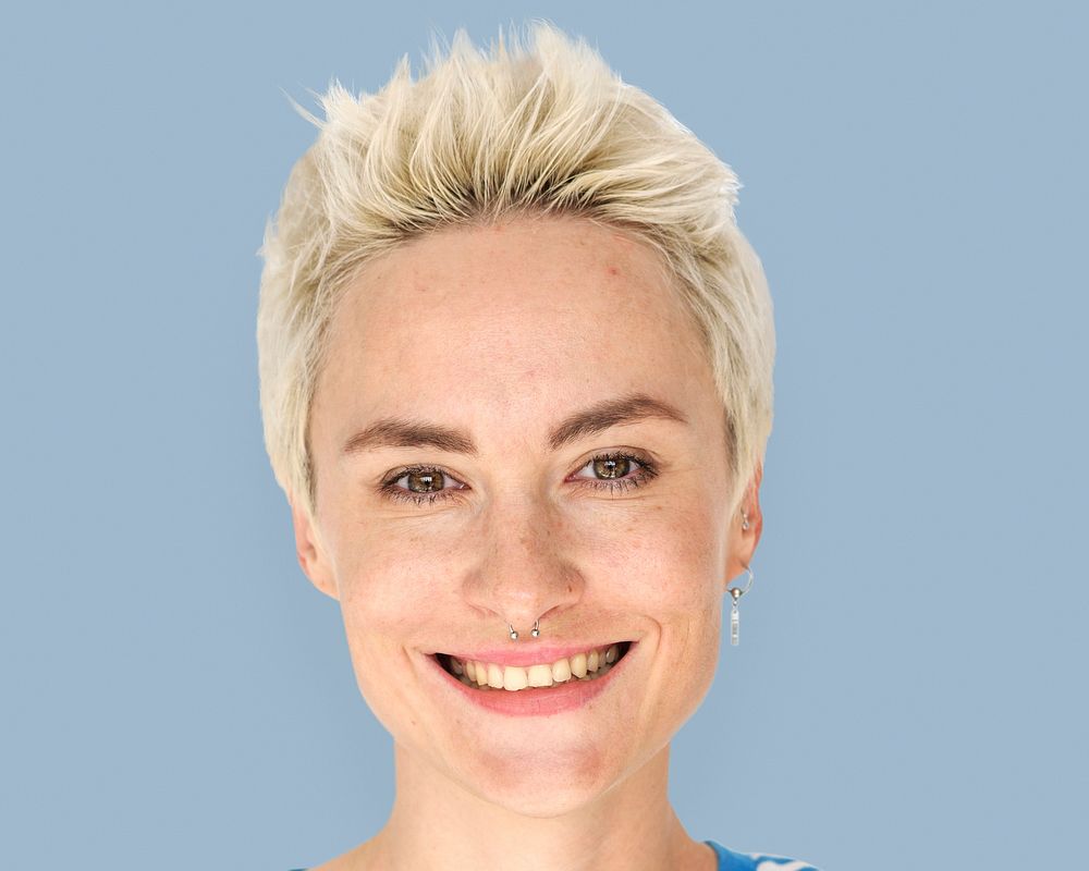 Short hair woman smiling, face portrait close up