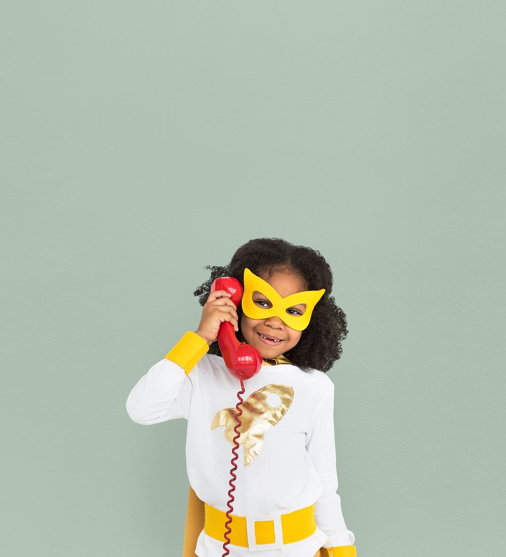 Superhero Girl Smiling Happiness Telephone Communication Portrait