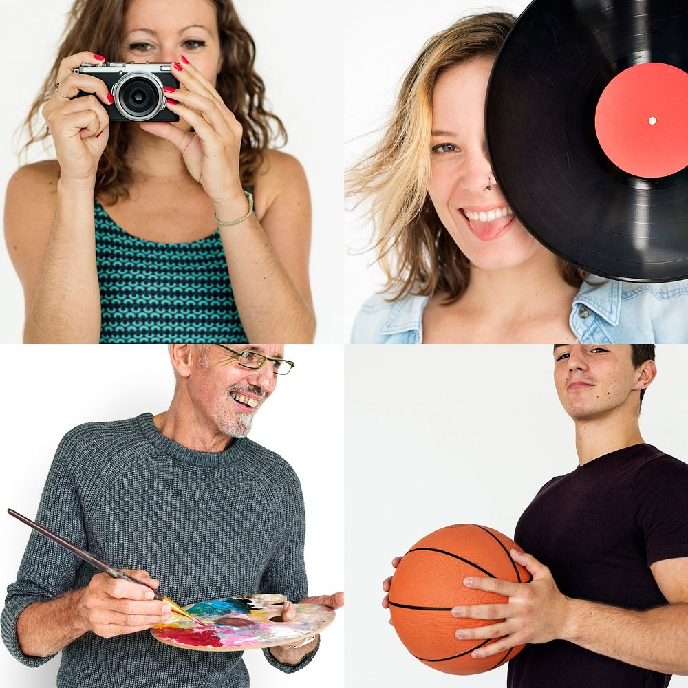 Diversity People with Hobby Music Sport Set Studio Isolated Collage