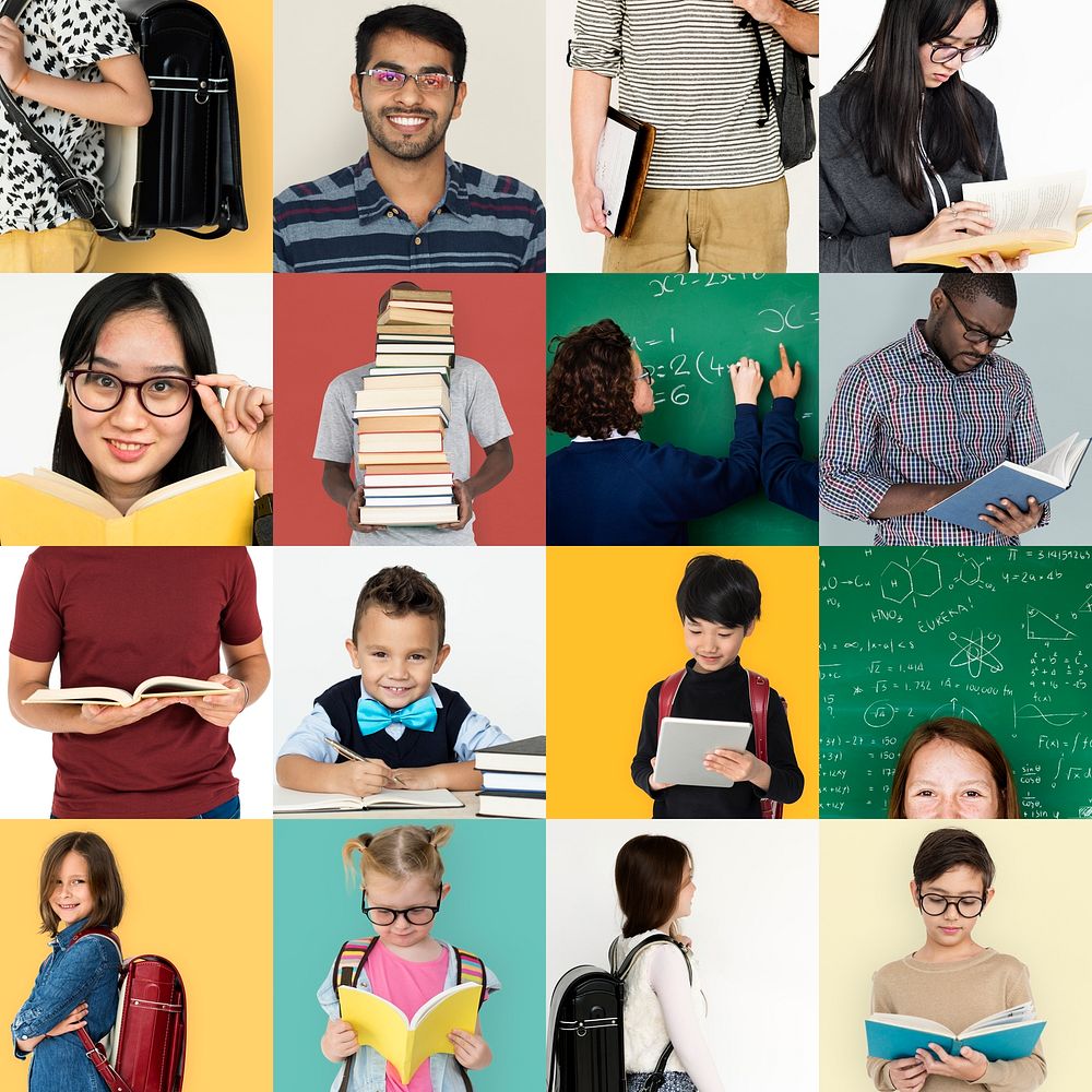 Set of portraits of people with learning concepts