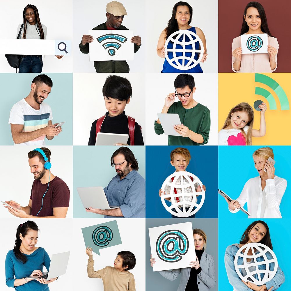 Collage of people technology stuff icon communication