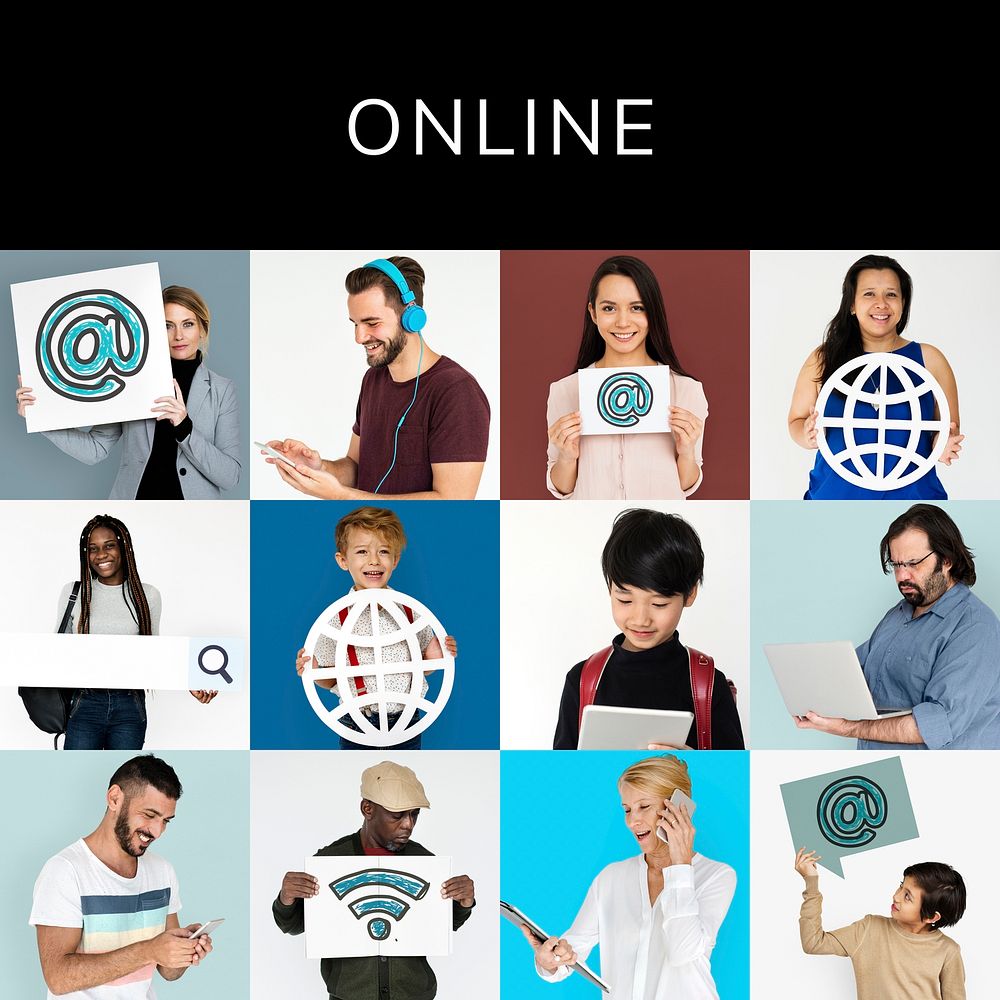 Set of Diversity People with Internet Connection Icons Studio Collage