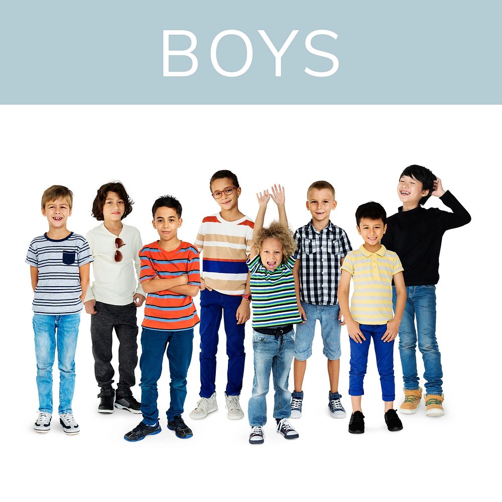 Diverse of Young Boys Set Gesture Standing Together Studio Isolated