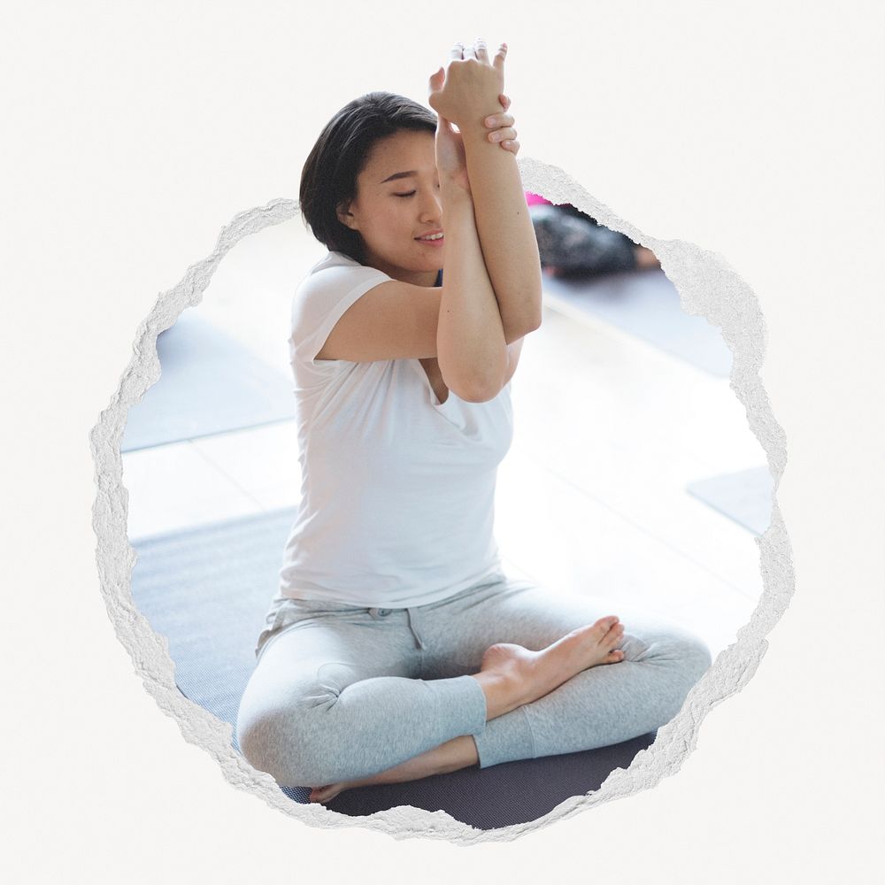 Woman doing yoga pose ripped paper badge, wellness photo