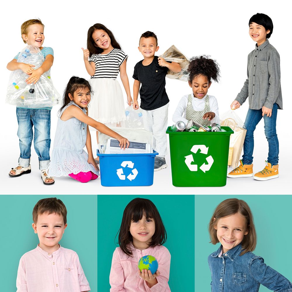 Set of Diversity People with Recycle Sign Environmental Friendly Studio Collage