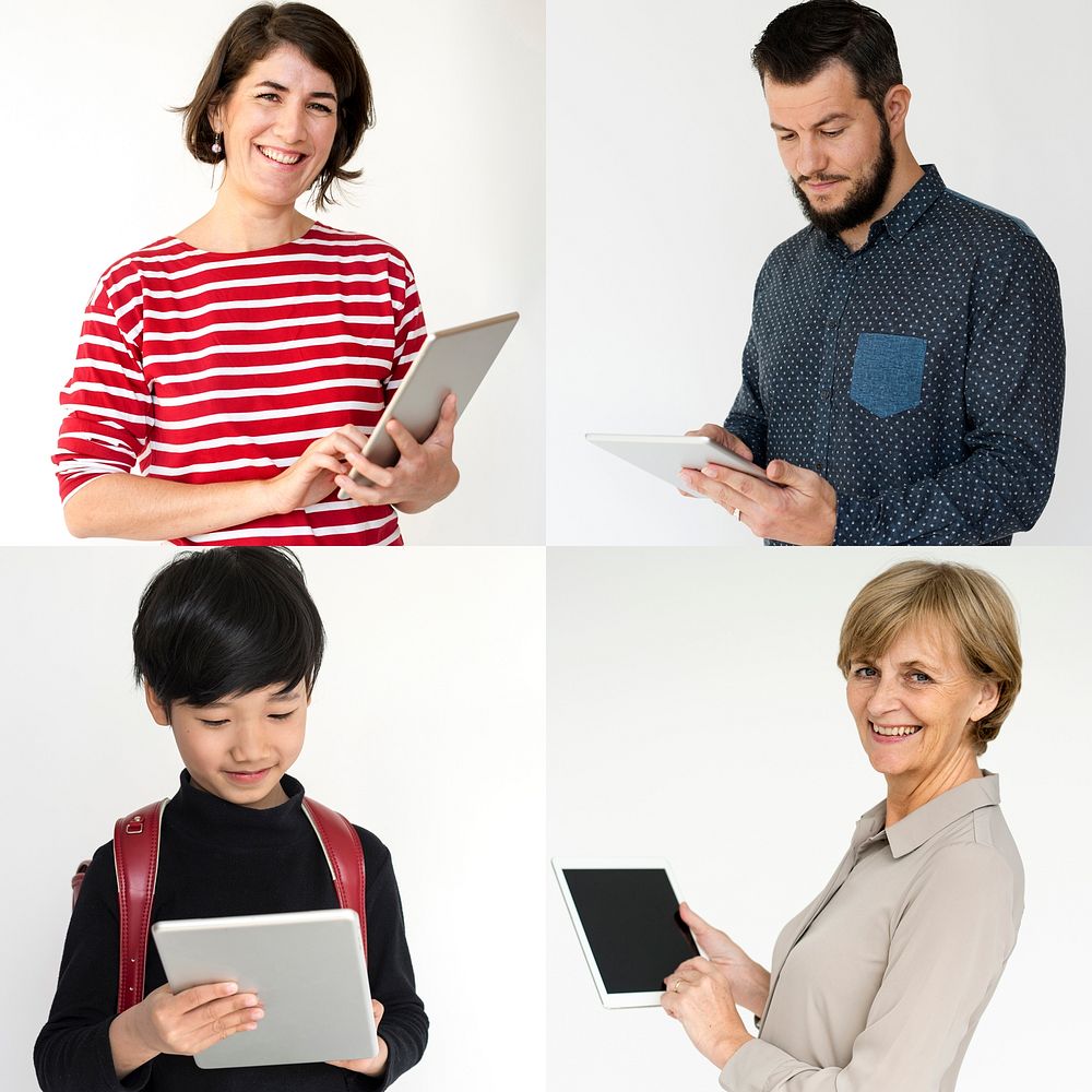 Group of Diverse People Using Digital Devices Studio Collage Isolated