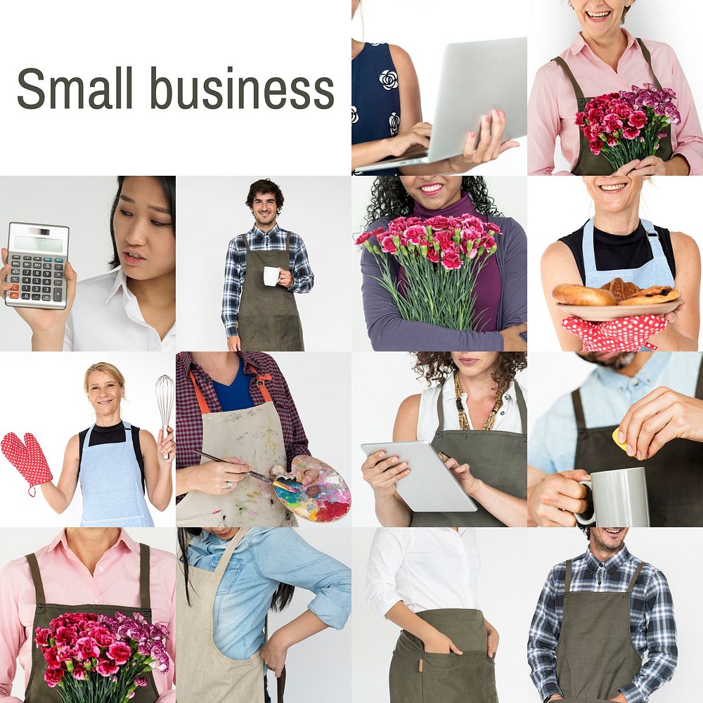 Collage of small business startup people set collection