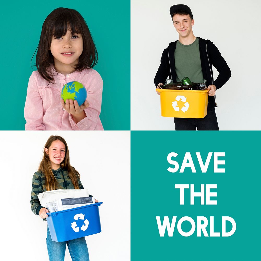 Set of Diversity People with Recycle Sign Environmental Friendly Studio Collage