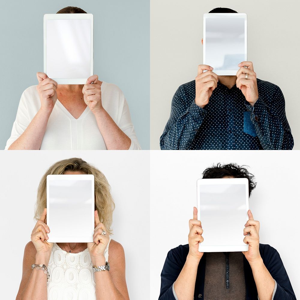 Diverse Mature People Hold Blank Tablet Copy Space Studio Collage Isolated