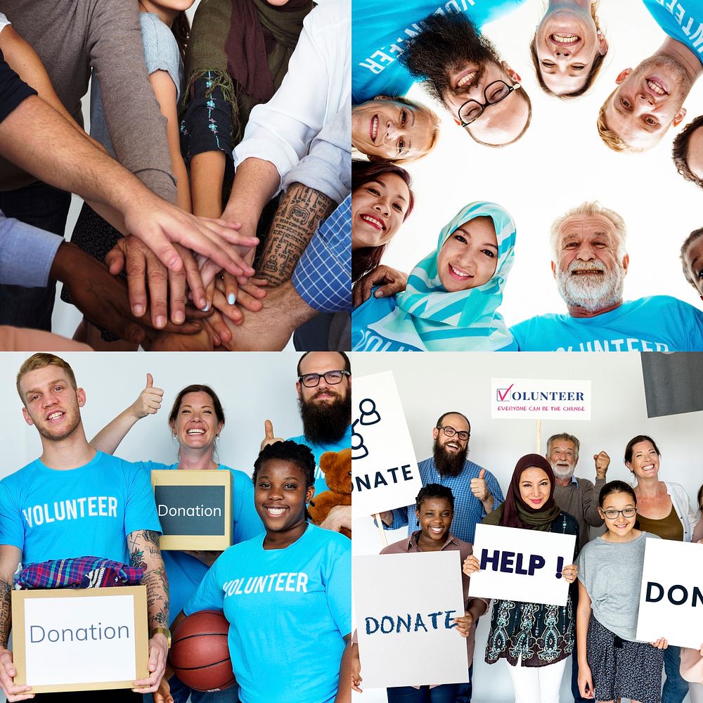 Set of Diverse Volunteer Donation People Studio Collage