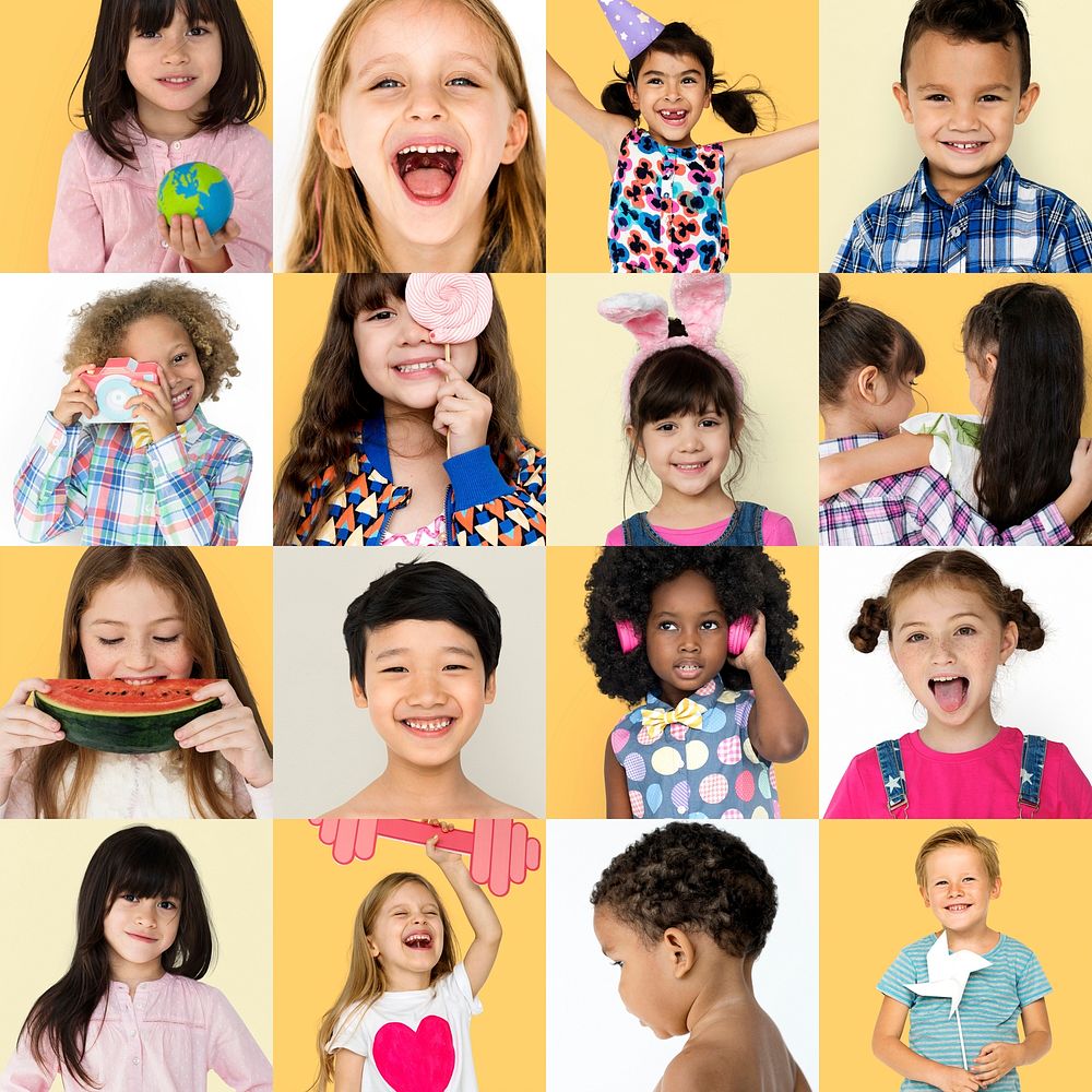 Young Kids Enjoyment Happiness Fun Studio Portrait Collage