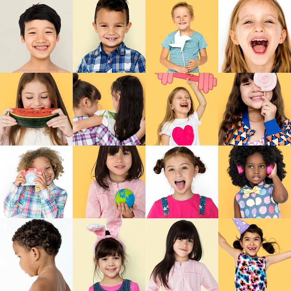 Collage of cute kids childhood happiness face expression