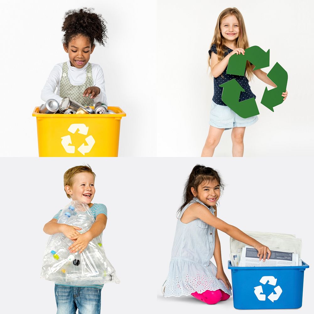 Set of Diversity People with Recycle Sign Environmental Friendly Studio Collage