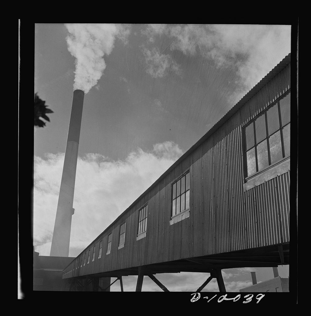 Production. Copper. Conveyor gallery and smokestack at a copper smelter of the Phelps-Dodge Mining Company, Morenci…