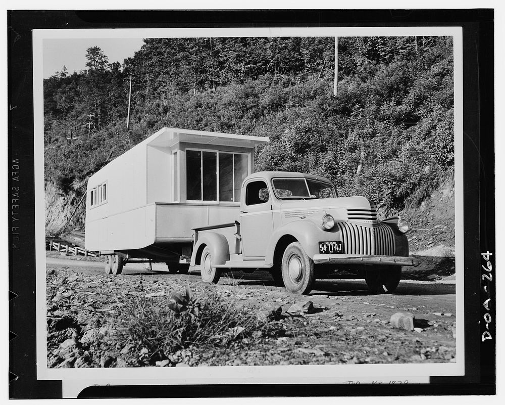 Half a house is brought from the trailer factory in Michigan to the site at the Tennessee Valley Authority's (TVA) Fontana…