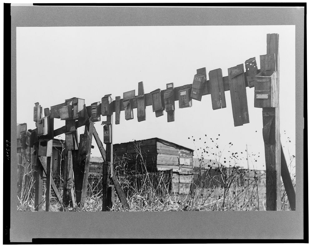 Mailboxes for squatters along the river, St. Louis, Missouri. Sourced from the Library of Congress.