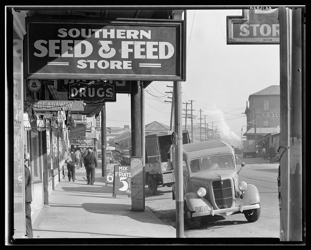 Waterfront in New Orleans. French market sidewalk scene. Louisiana. Sourced from the Library of Congress.