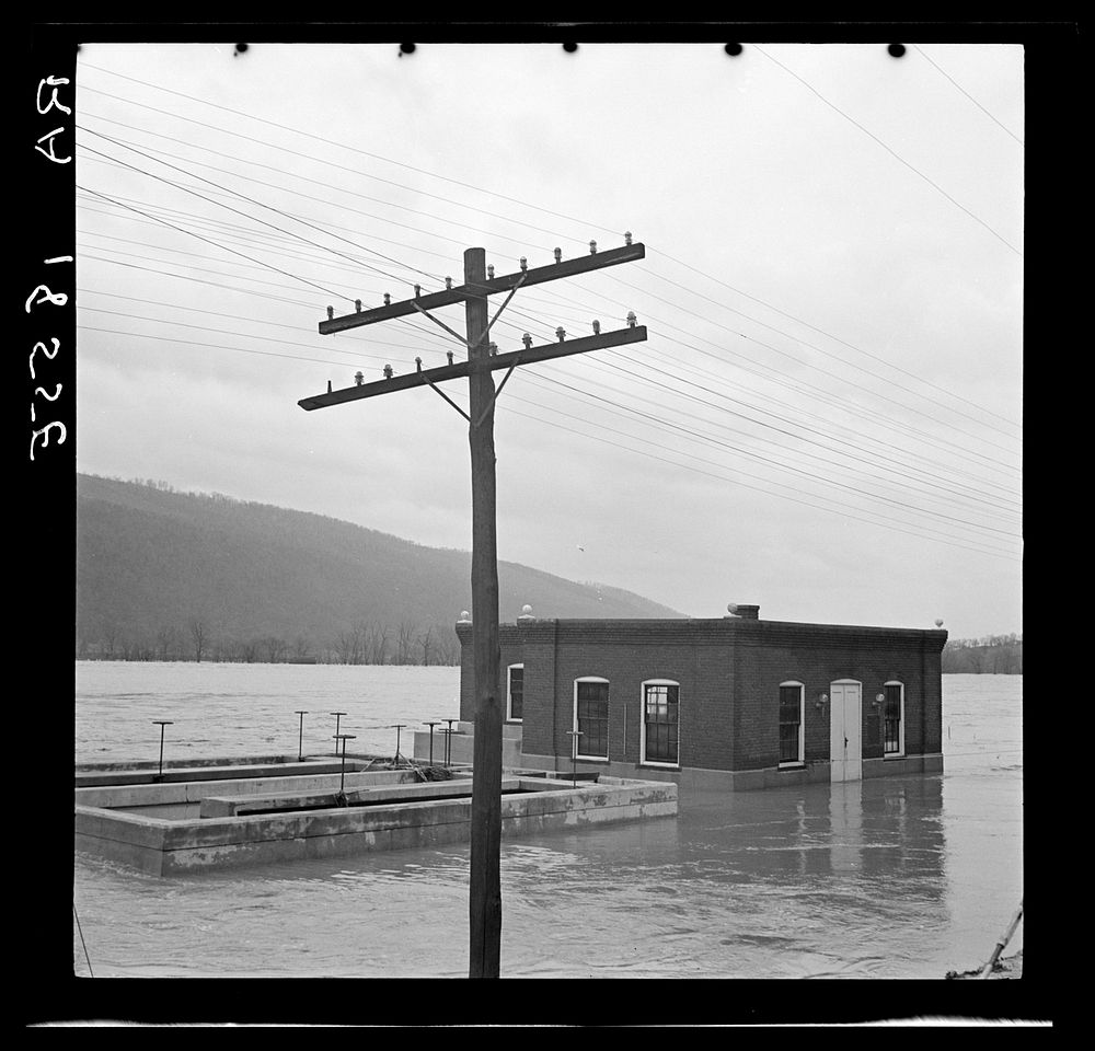 One of many substations inundated by the Shenandoah River. Virginia. Sourced from the Library of Congress.