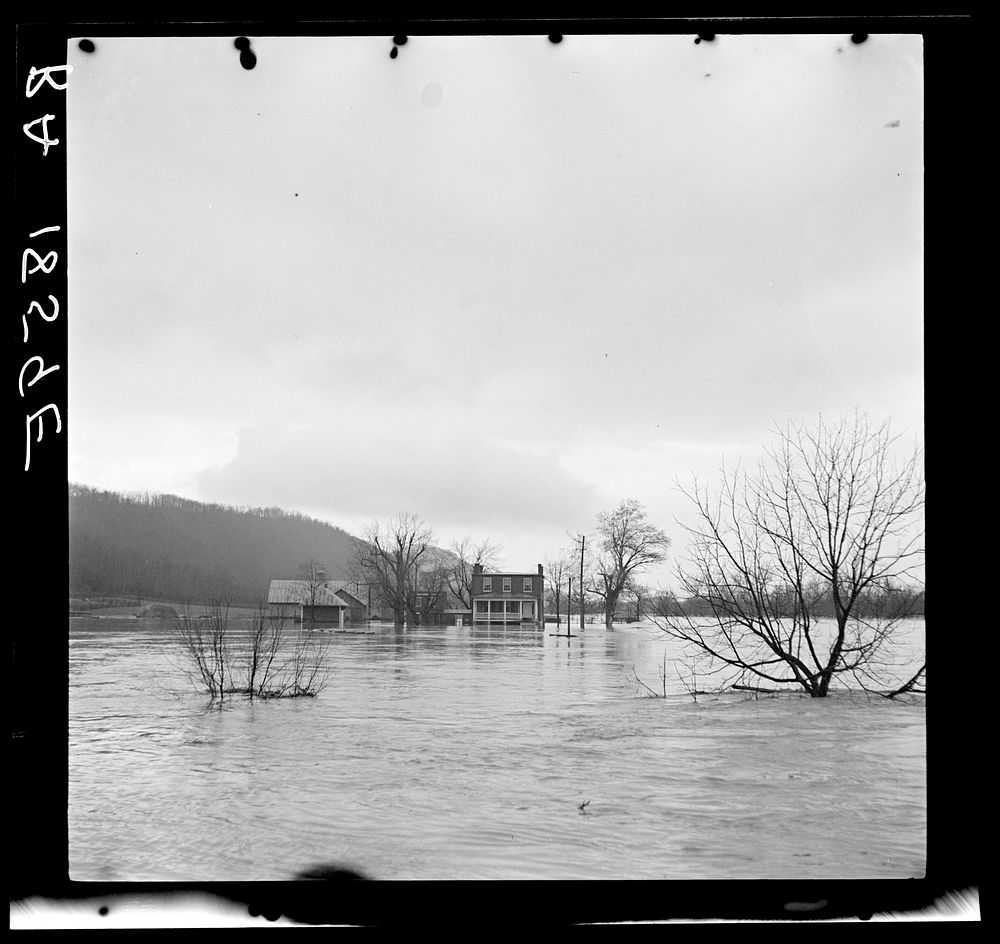 Farms completely isolated by the Shenandoah River during spring floods. West Virginia. Sourced from the Library of Congress.