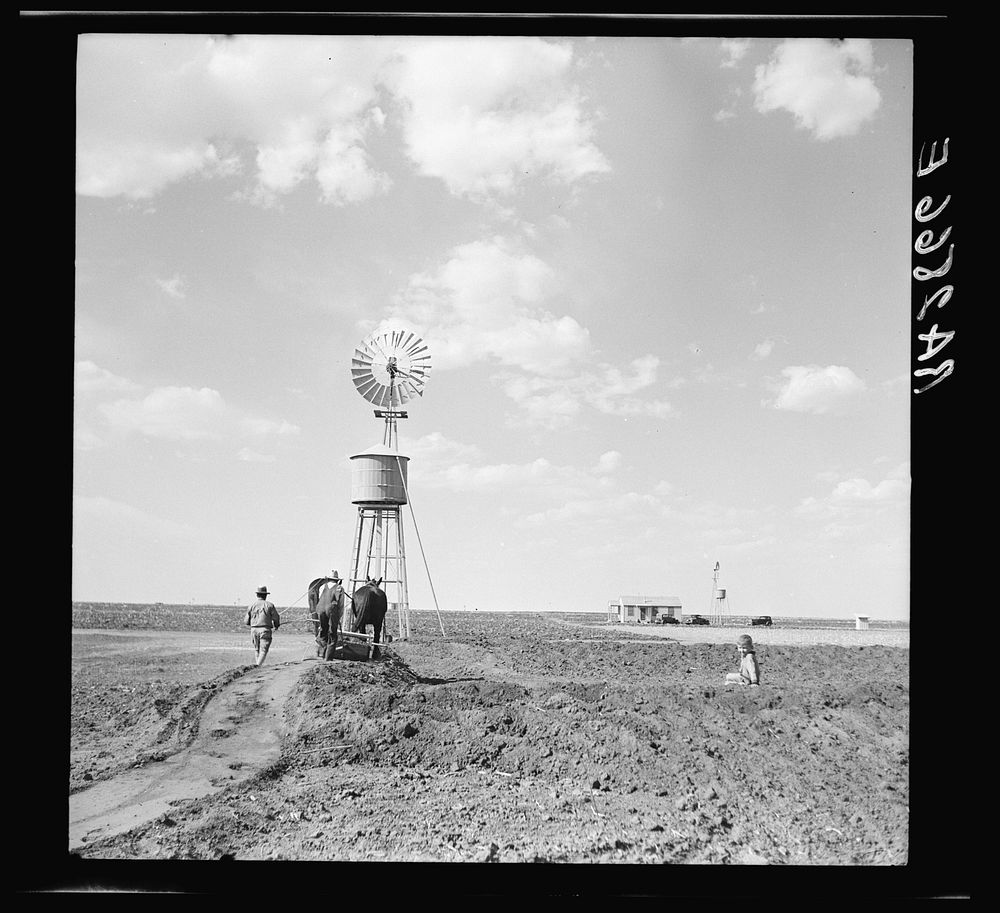 Constructing an earth tank. Ropesville rural community, Texas. Sourced from the Library of Congress.
