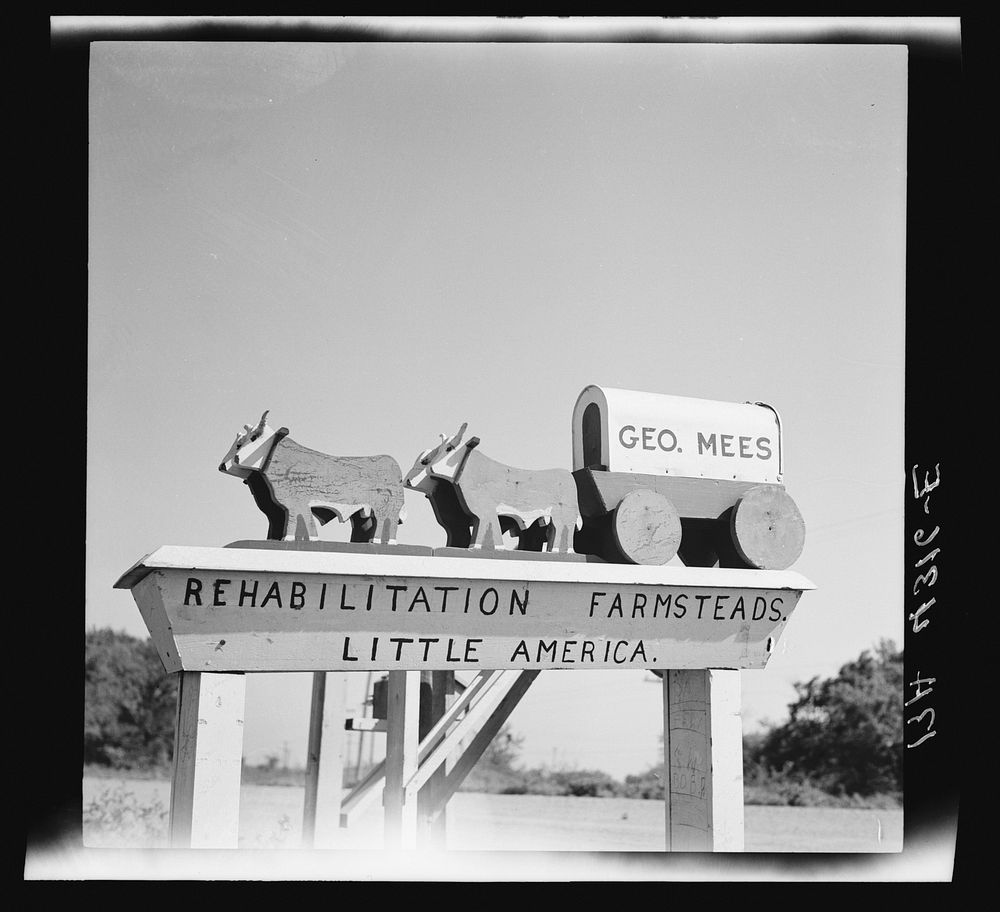 A resettled farmer's mail box. Fairbury Farmsteads, Nebraska. Sourced from the Library of Congress.