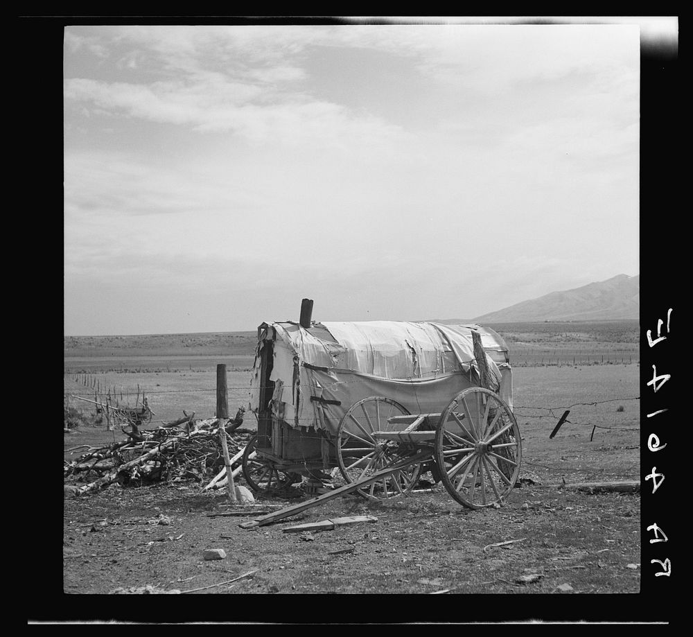 Chuckwagon in which some of the children of a large family lived through the winter. Oneida County, Idaho. Sourced from the…