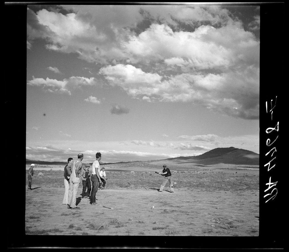 A baseball game at the Resettlement Administration Rimrock Camp near Madras, Oregon. Sourced from the Library of Congress.
