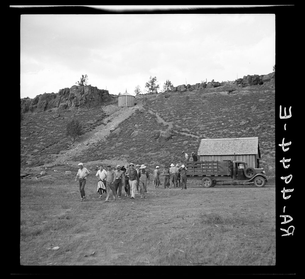 Resettlement Administration workers coming back to Rimrock Camp after work. Madras, Oregon. Sourced from the Library of…