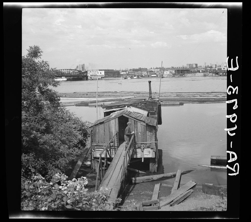 Squatter's shack on Willamette River. Portland, Oregon. Sourced from the Library of Congress.