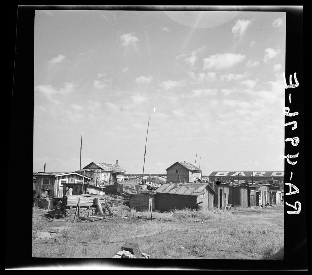 Squatters' shacks along the Willamette River. Portland, Oregon. Sourced from the Library of Congress.
