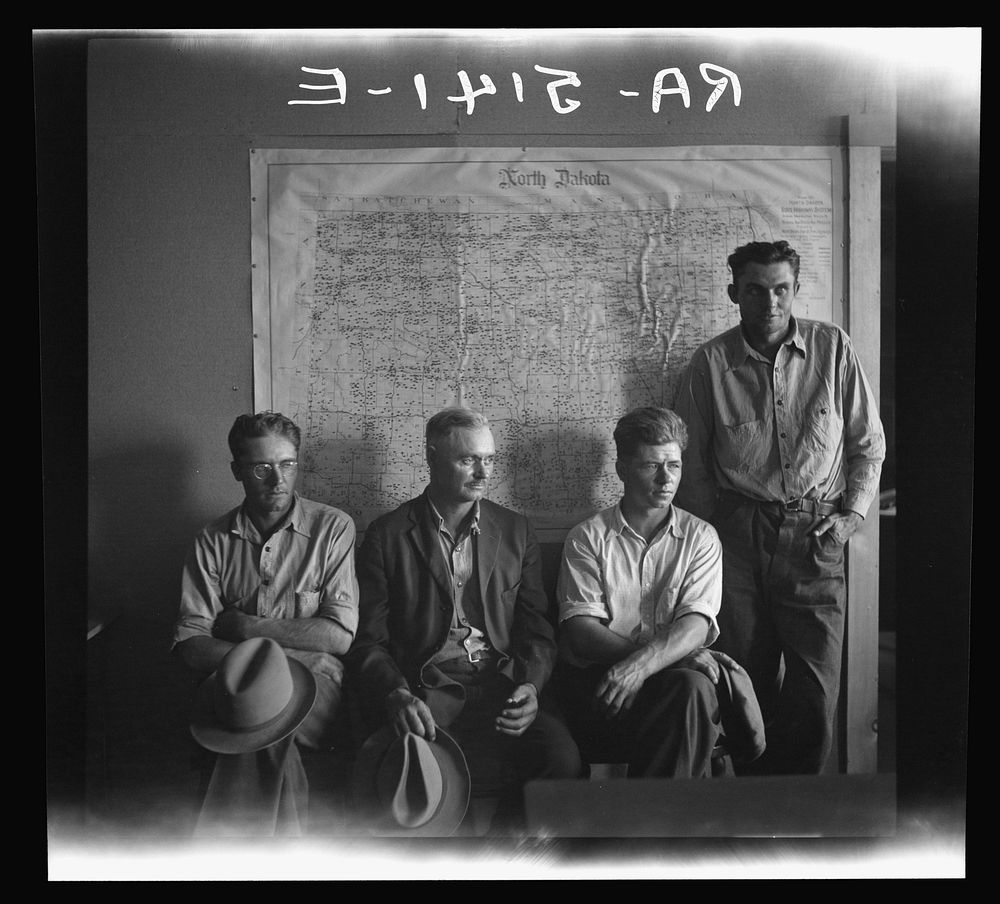 North Dakota farmers waiting for their grants in Resettlement Administration Office. North Dakota. Sourced from the Library…