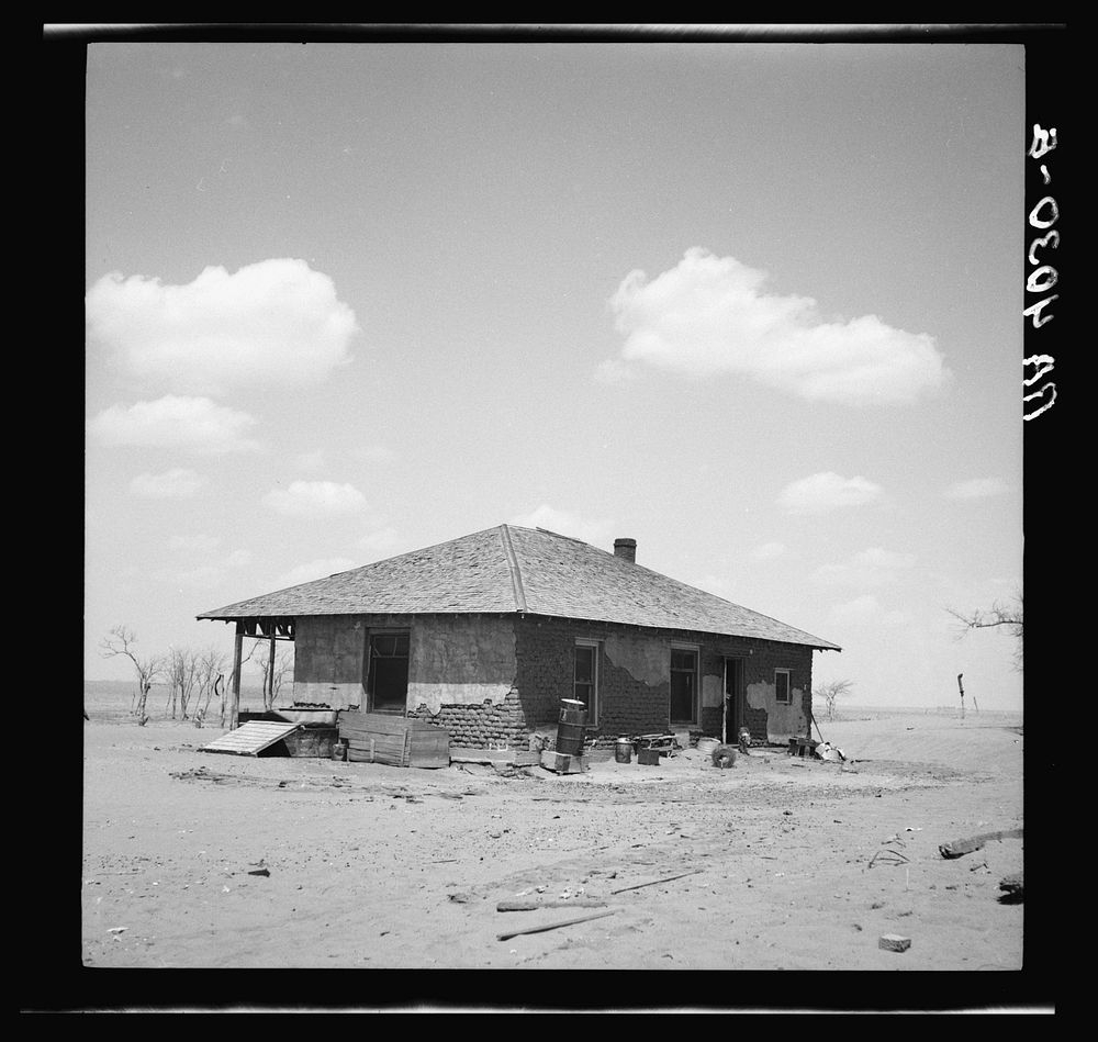 Adobe farmhouse of rehabilitation client. Cimarron County, Oklahoma. Dust bowl. Sourced from the Library of Congress.