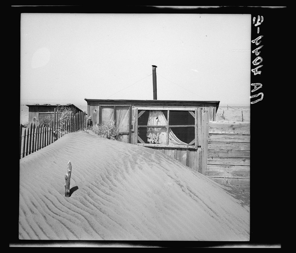 Sand piled up in front of outhouse on farm. Cimarron County, Oklahoma. Sourced from the Library of Congress.