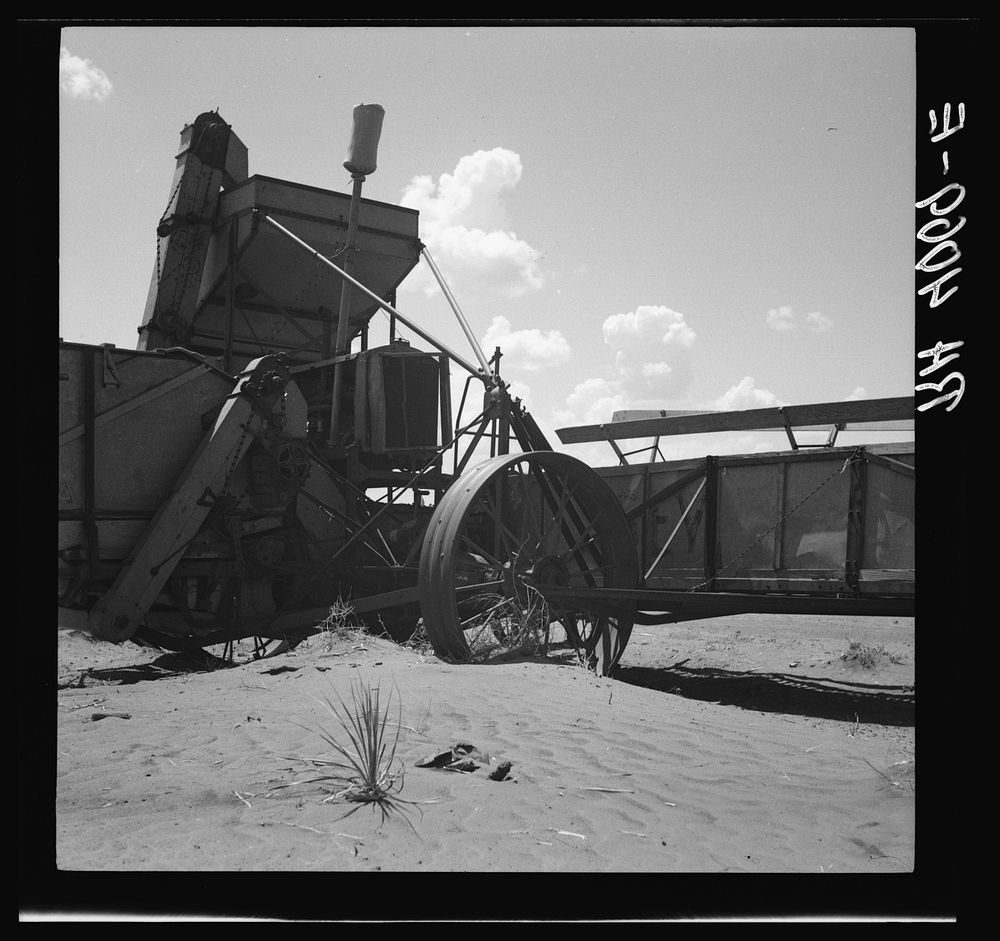 Dust covering harvester. Castro County, Texas. Sourced from the Library of Congress.