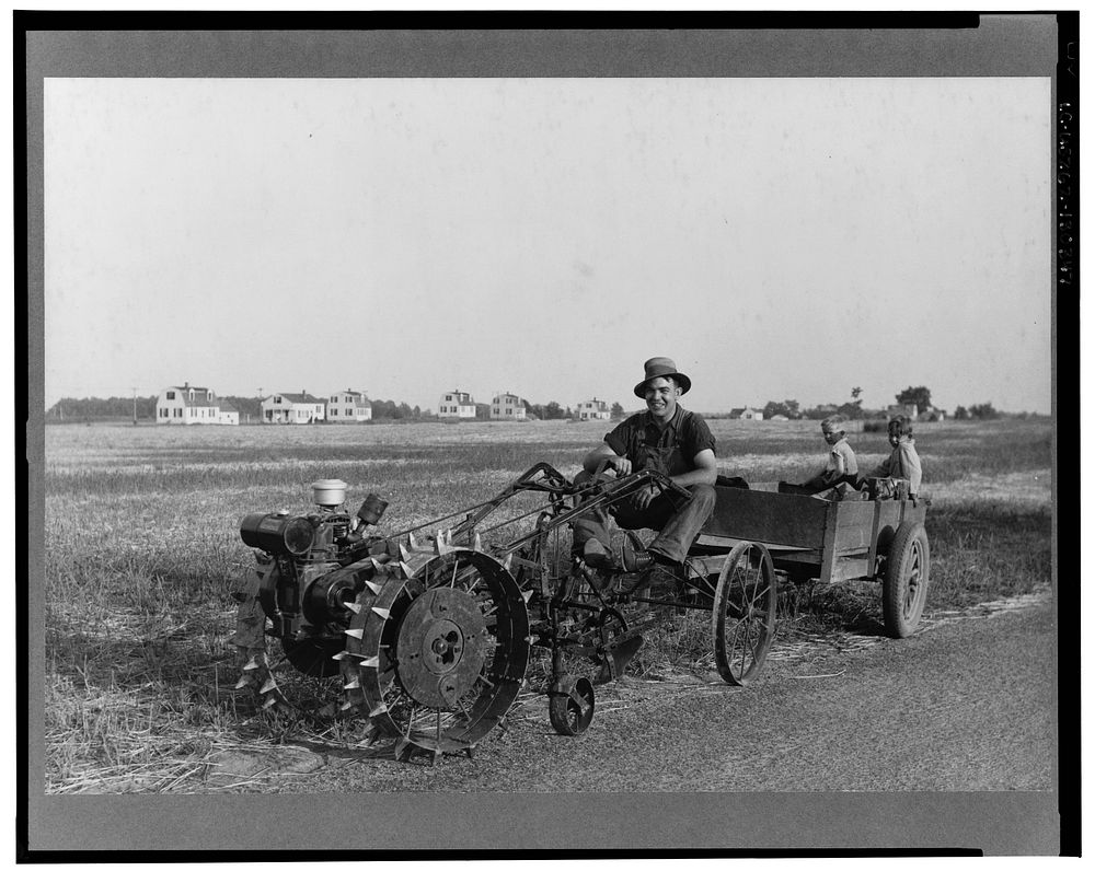 A homesteader at Decatur, Indiana, with a garden tractor. Decatur Homesteads. Sourced from the Library of Congress.