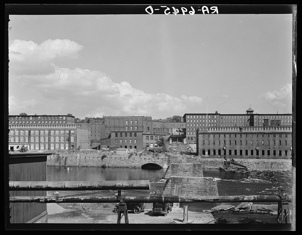 Amoskeag mills as seen from Bridge Street showing supports of Bridge Street from McGregor Street side, the upper structure…