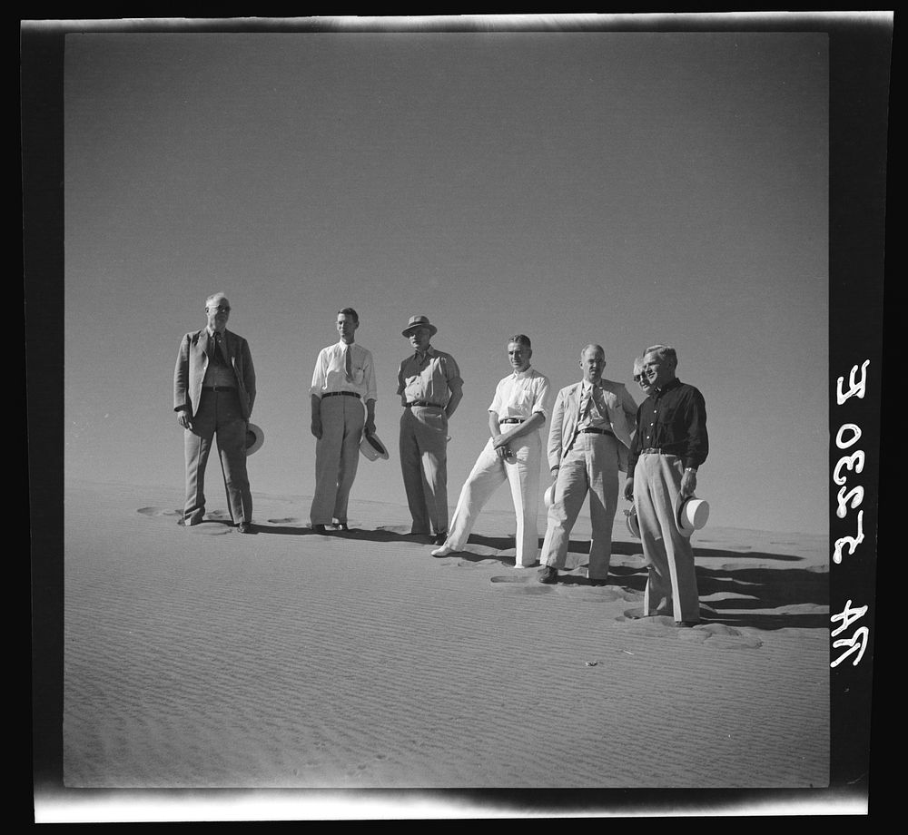 Drought committee visits sand dunes near Dalhart, Texas. Sourced from the Library of Congress.