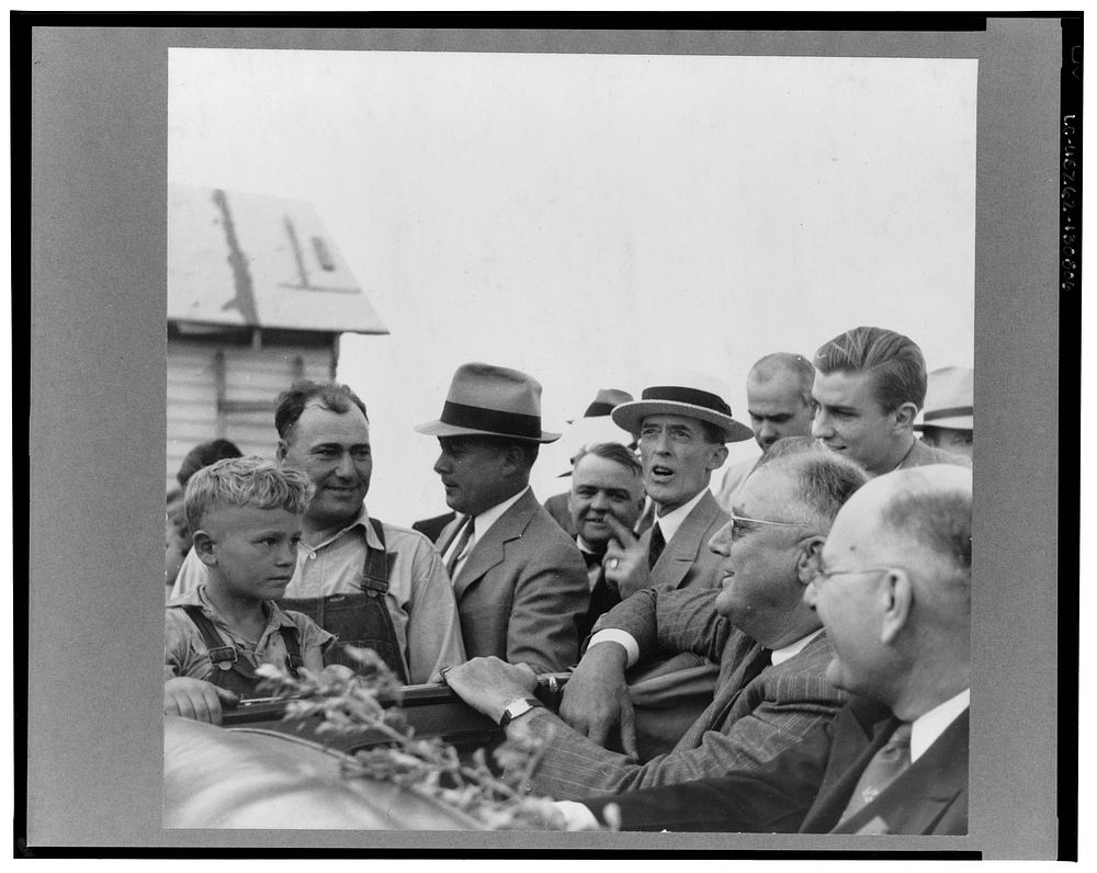 President Roosevelt visits farmer who is receiving drought relief grant. Mandan, North Dakota. Sourced from the Library of…