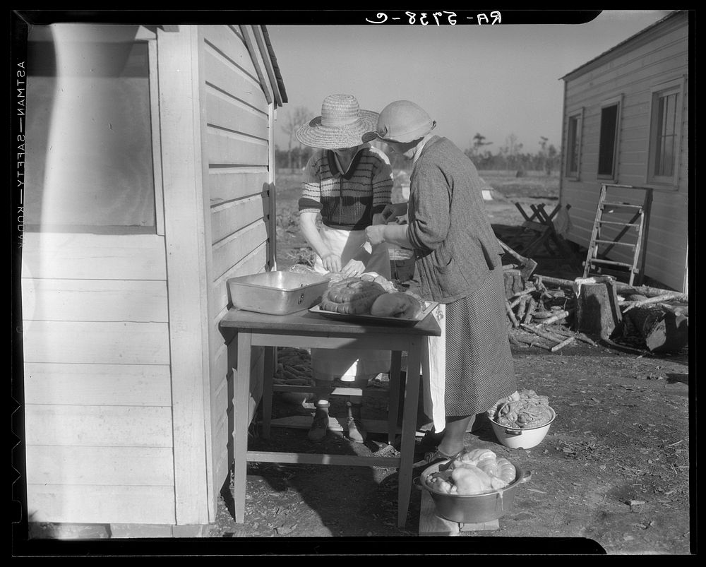 Mrs. C.D. Grant and neighbor making pork sausage. Penderlea Farms, North Carolina. Sourced from the Library of Congress.