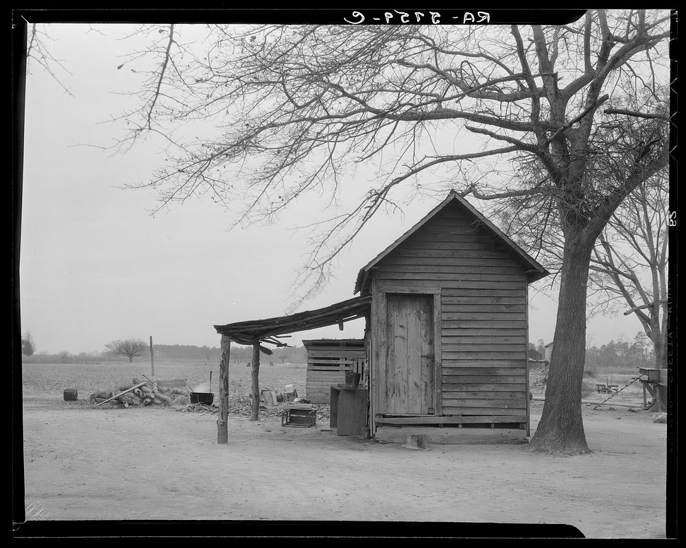 Storehouse on Bert Thompson's farm. Tract number 267. Wayne County, North Carolina. Sourced from the Library of Congress.