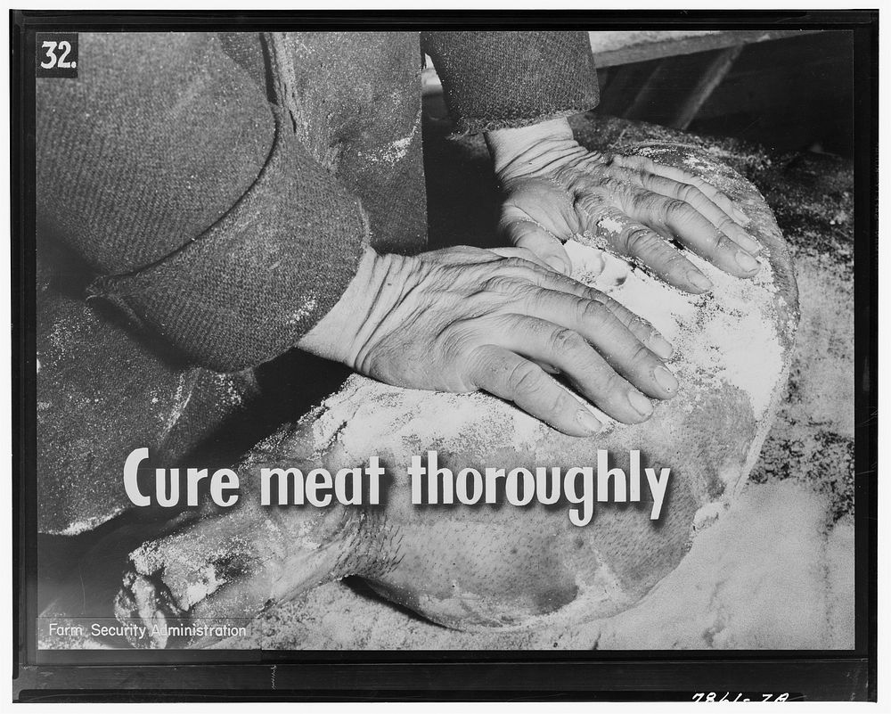 Meat is not ready to be stored until it has been throughly cured and smoked. Sourced from the Library of Congress.