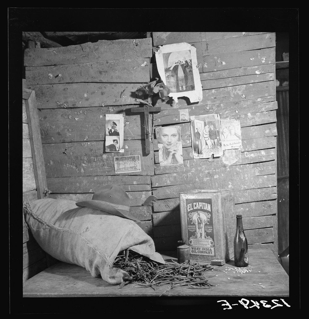 Interior of shack in the hills near Cidra. Note bag of dried beans, gasoline can (used as water container) and pages from…