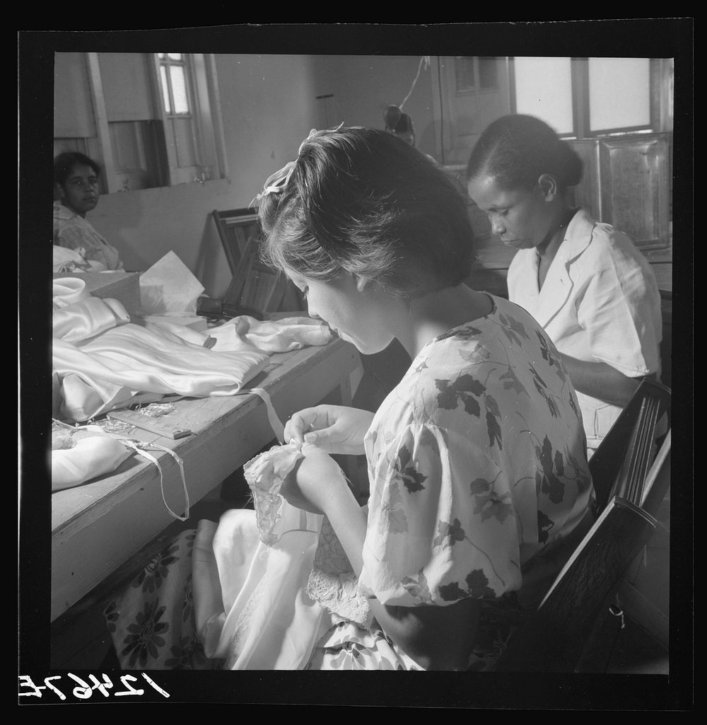 Members of P.R.R.A. (Puerto Rico Resettlement Administration) needlework cooperative at work. San Juan, Puerto Rico. Sourced…